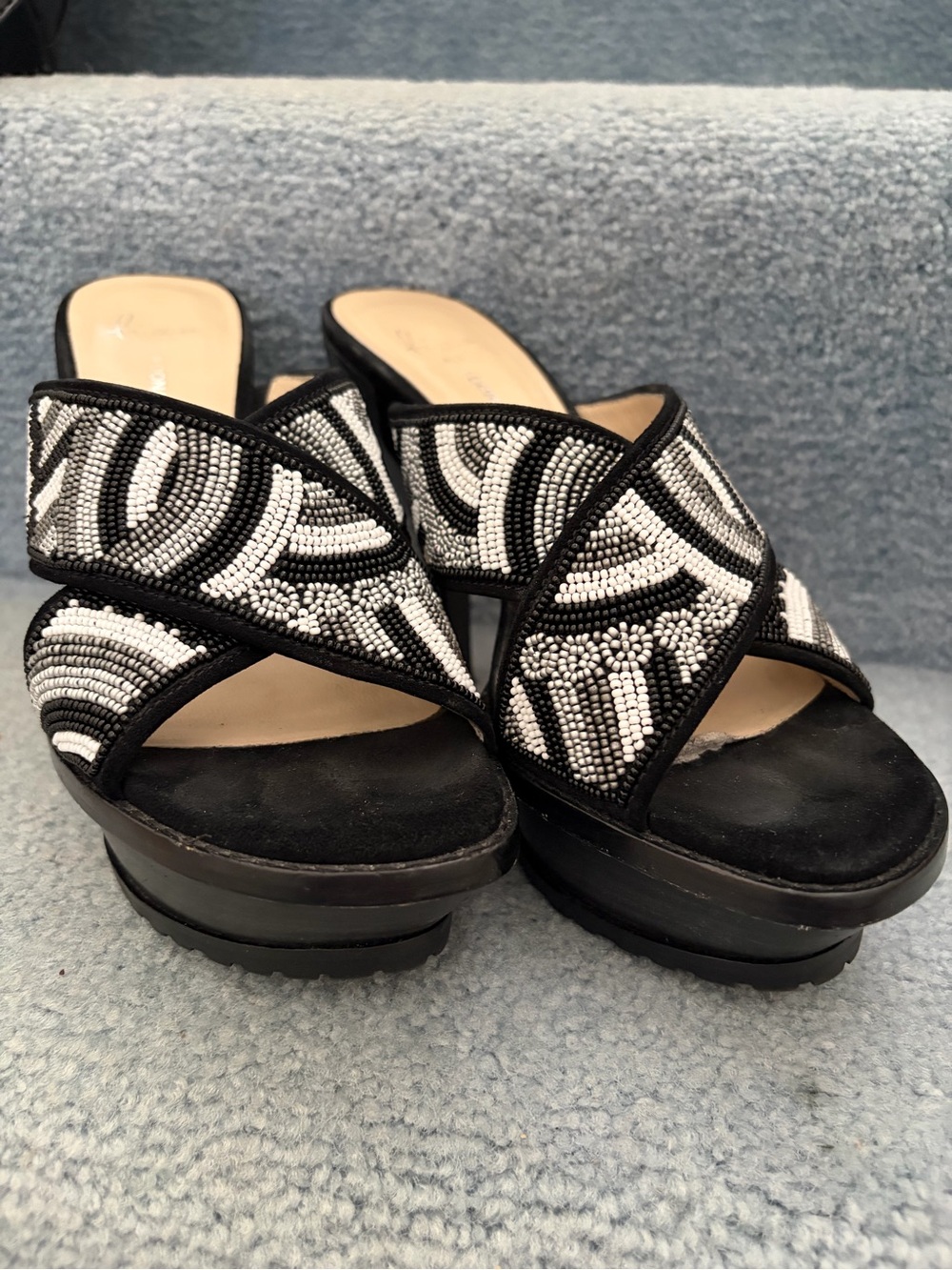 Donald J Pliner Beaded Black and White Platform Slide Sandals